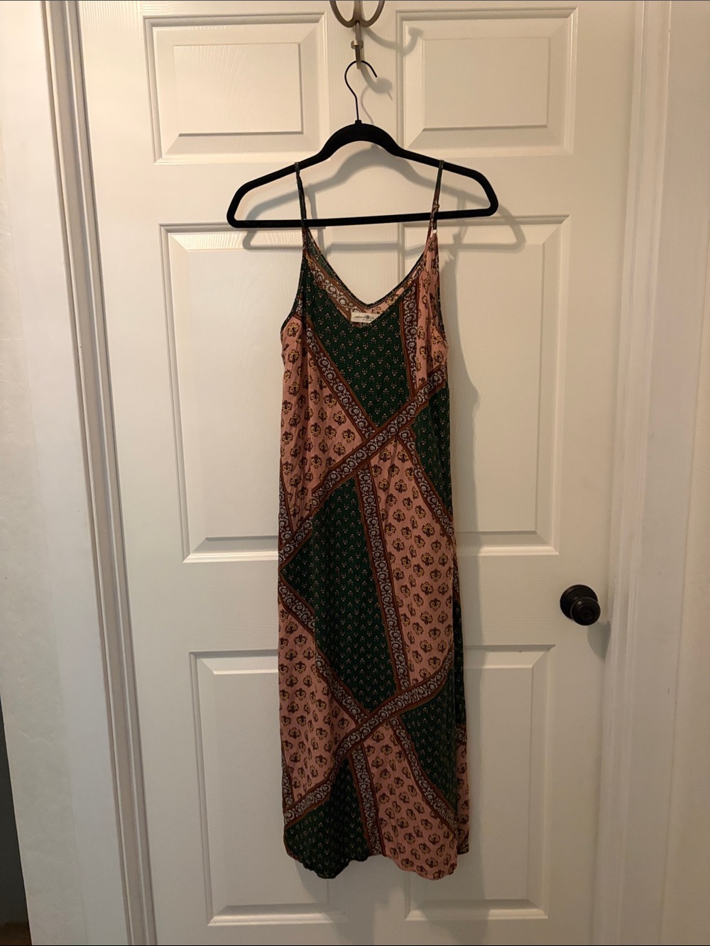 NATURAL LIFE Green and Peach Patchwork Slip Maxi Dress with Spaghetti Straps